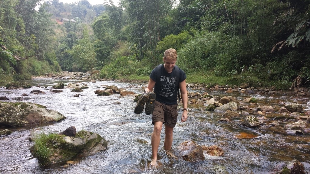 Sam tackling the river