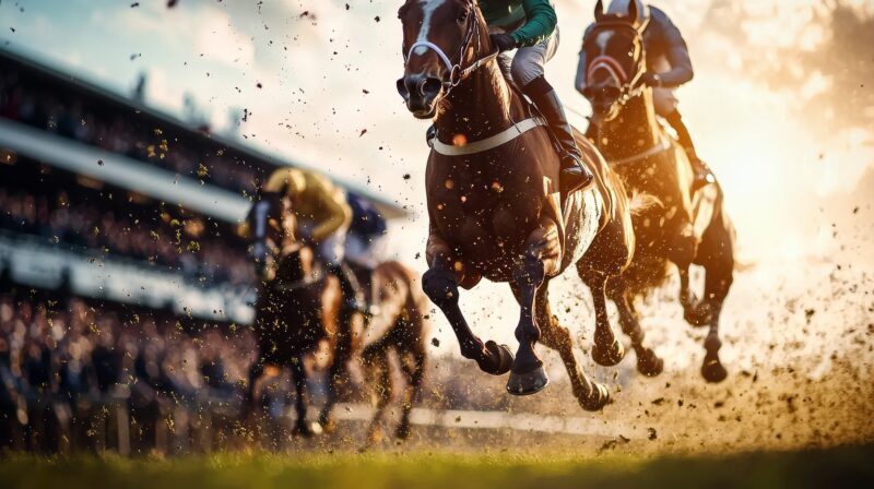 Horses with jockeys racing on a track, with dirt flying up and a crowd in the background at Cheltenham Festival in England. 