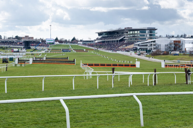 View of Cheltenham racecourse with various jumps set up on the grass and a large stand to the right