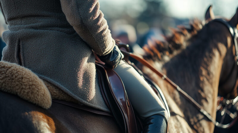 close up of the lower half of a rider on a horse with a tweed jacket and black leather boots