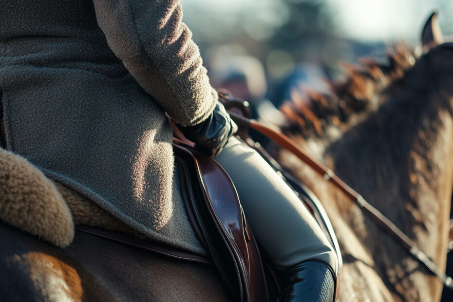 close up of the lower half of a rider on a horse with a tweed jacket and black leather boots