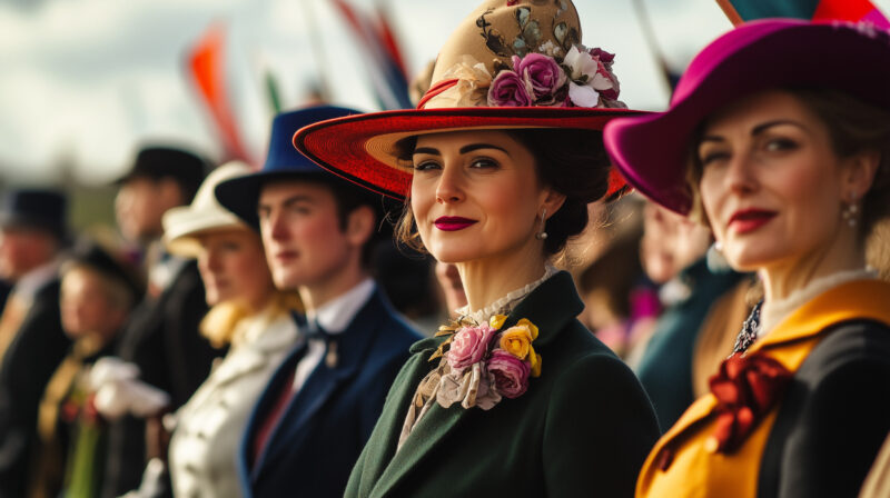 Three women dressed in formal, colorful attire with elaborate hats, attending Ladies Day at Cheltenham Festival with flags in the background.