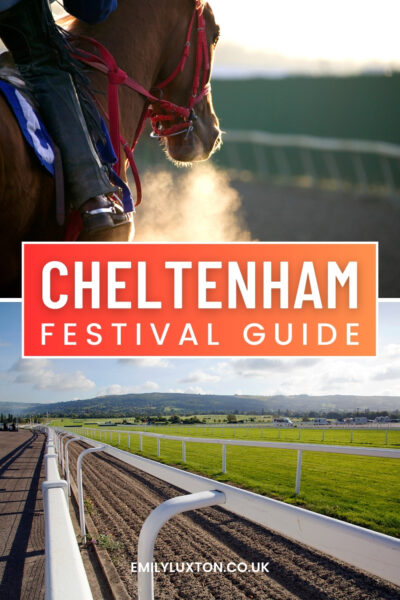 Cheltenham Festival Guide: written in white text on an orange box. There is a photo of a horse with misty breath on a cold day above, and a photo of a horse racing track underneath.