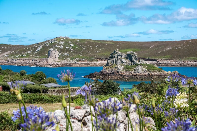 A scenic coastal view with a stone tower on a hill, rocky island, and vibrant flowers in the foreground under a bright blue sky.