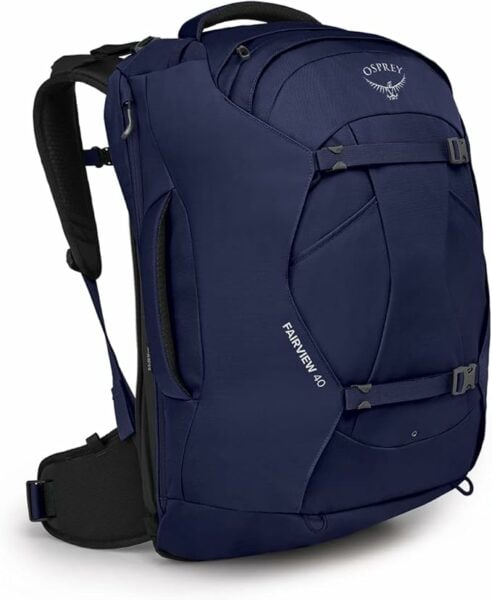 Navy blue backpack with compression straps across the front and the word Osprey with the brand's logo printed in white at the top. 