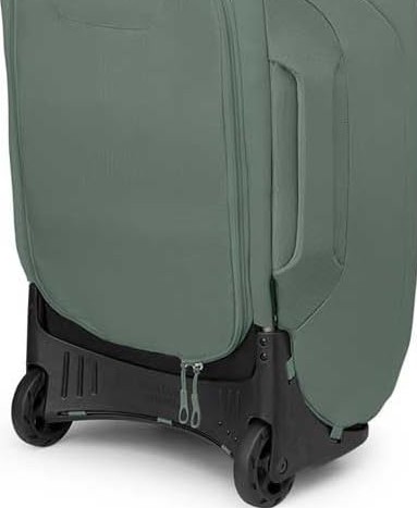 Lower back half of a large backpack or holdall in dark sage green with two black wheels at the bottom. 