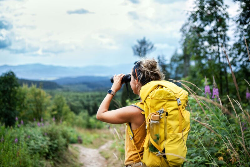 Rear view of young woman hiker with a yellow backpack using binoculars on a hiking trail surrounded by trees.