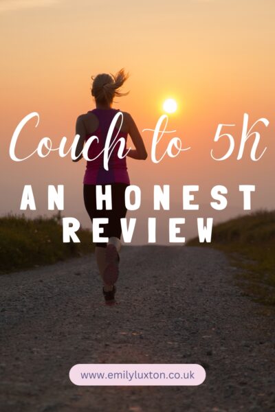 Couch to 5K An Honest Review - written in white text on top of a photo of a woman running on a gravel footpath in silhouette against the setting sun. 