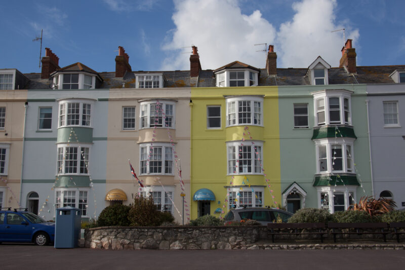 Colourful houses on the beach front in Weymouth, Dorset in the UK