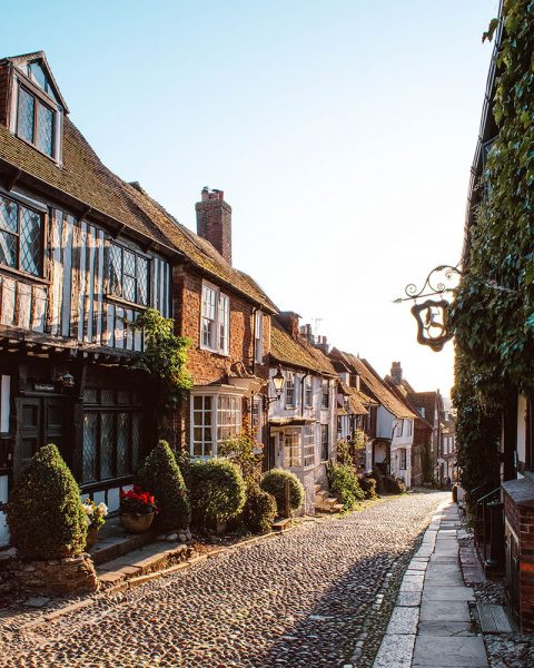 A picturesque cobblestone street with historic houses, some with timber framing and others made of brick. The street is narrow and slightly inclined, with greenery, including bushes and potted plants. A vintage-style street lamp hangs on the right side, and the sun casts a warm glow, suggesting early morning or late afternoon.