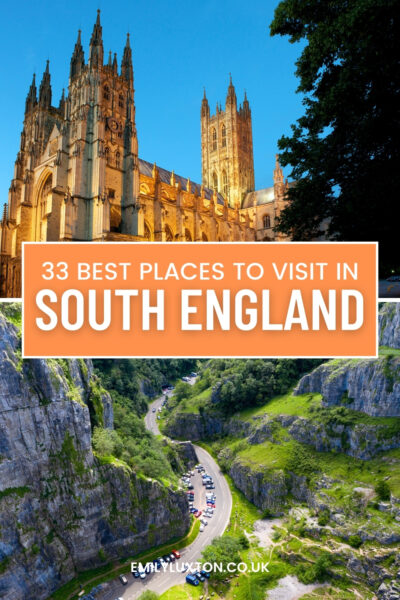 Poster image with the title "33 Best Places to Visit in South England" written in white capital letters on an orange box. There are two photos, the top one shows Canterbury Cathedral lit up yellow at night, and the bottom photo shows an aerial view of a winding road in a gorge with steep grey cliffs on either side.  