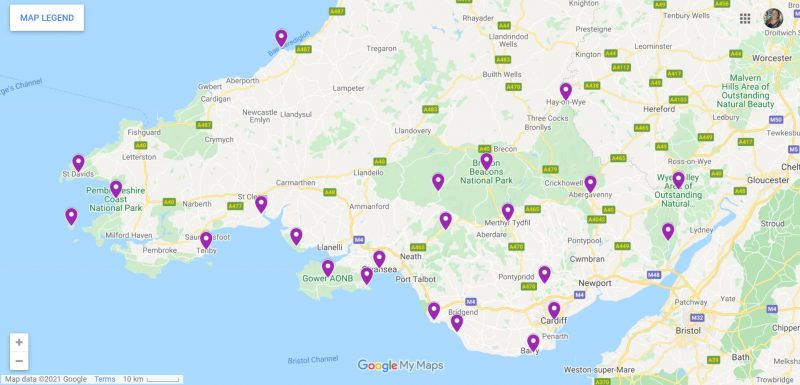 Map of places to visit in South Wales