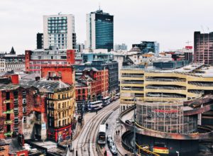 Aerial view of colourful buildings in Manchester