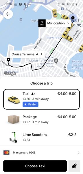 screenshot showing the Uber app in Athens 