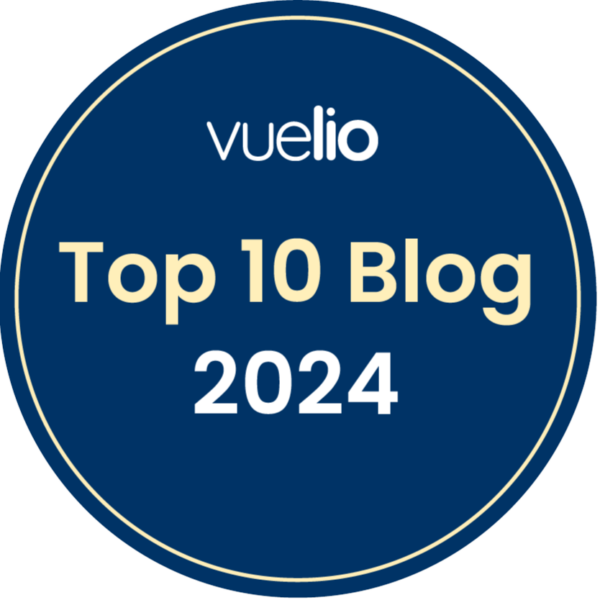 Blue circle with write writing over it which reads: Vuelio Top 10 Blog 2024