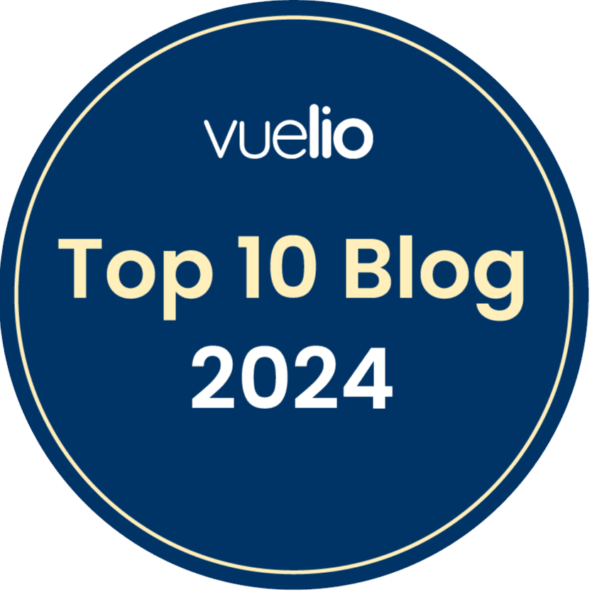 Blue circle with write writing over it which reads: Vuelio Top 10 Blog 2024