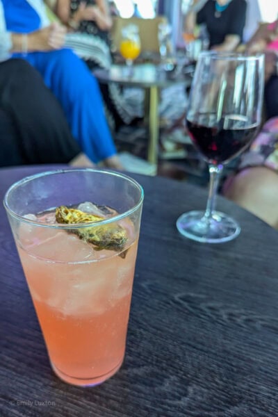 dark brown wood tabletop with two drinks glasses, the closest is a tall tumbler wiht an orange cocktail and ice, behind is a wine glass with red wine and several ladies out of focus in the background. 