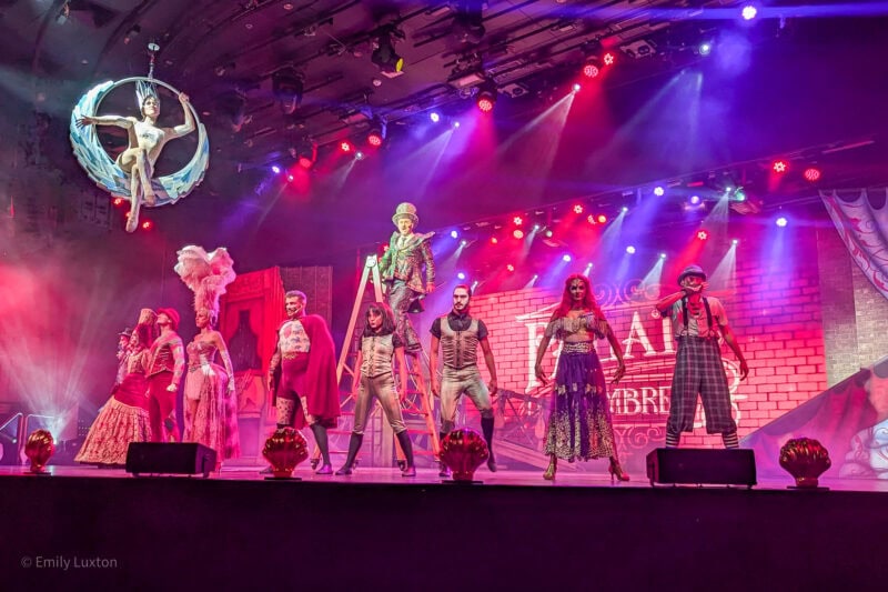 a large group of performers on a stage wearing circus themed costumes and standing facing out with their arms by their sides. There is a man in a suit and top hat at the top of a wooden step ladder and a lady in a sparkly body suit sitting on a silver moon suspended above the stage. They are lit by blue, red and purple theatre lights.