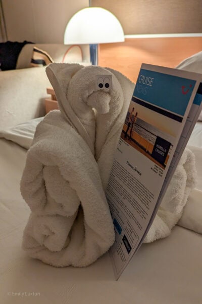 Close up of an animal made out of a white towel on a bed, the animal resembles a teddy and has been given paper eyes. It is holding a leaflet for Marella Cruises.