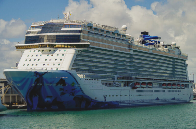 large white cruise ship with a blue front in a port in the caribbean with cyan water in front