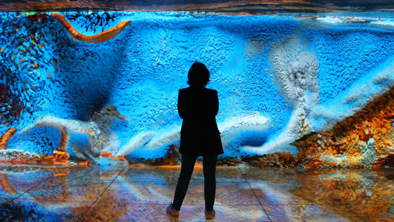 silhouette of a human figure standing with legs apart and arms folded looking at a blue stone wall lit up with bright lights