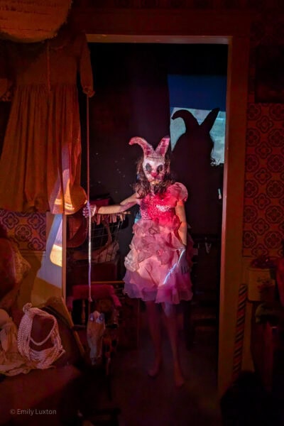 actor wearing a pink frilly dress and a horror style rabbit mask standing in a doorway holding a cord, the shadow of the bunny ears are on the wall behind her