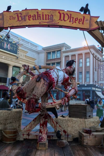 small wooden stage with a wooden wheel on which there is a fake corpse missing its arms and legs with bloody stumps as if they have just been torn off. there is a crow on the face pecking out the eyes.