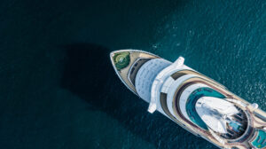 Aerial view large cruise ship at sea, Passenger cruise ship vessel sailing across the Gulf of Thailand.