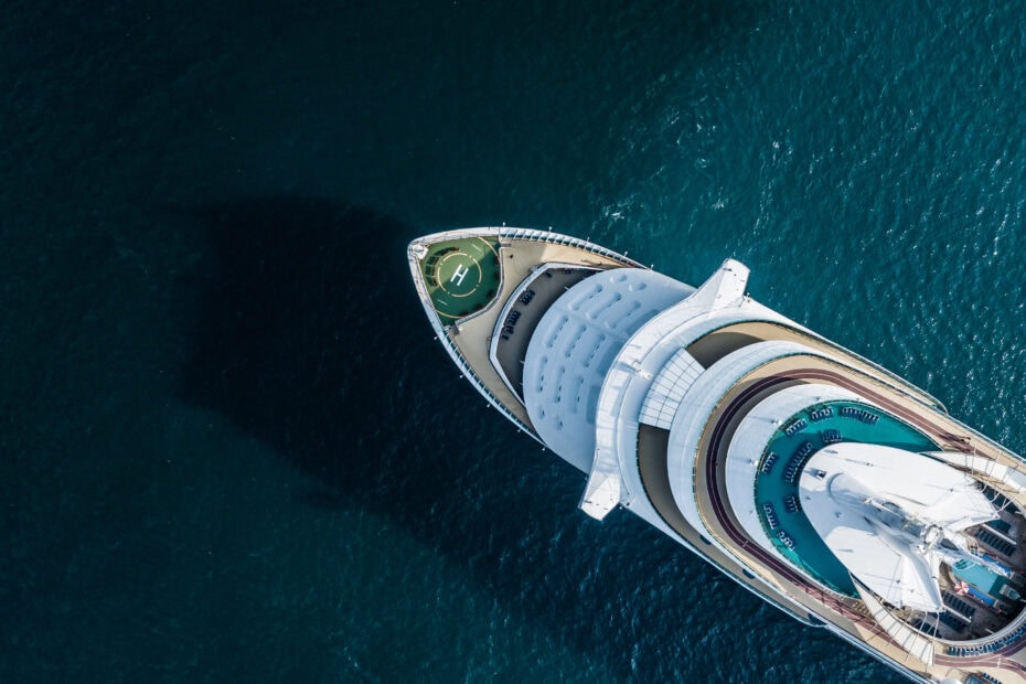 Aerial view large cruise ship at sea, Passenger cruise ship vessel sailing across the Gulf of Thailand.