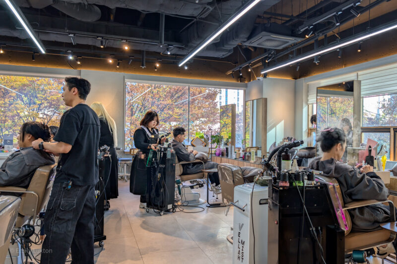 The image shows the interior of a hair salon with several clients receiving hair treatments. There are multiple hairstylists working on different clients. The salon has large windows with a view of trees outside, and the interior is well-lit with modern lighting fixtures. Various hairdressing tools and equipment are visible, including chairs, mirrors, and hair treatment machines.