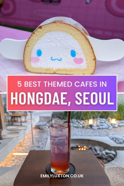 Promotional graphic for themed cafes in Hongdae, Seoul. The top part of the image features a cute dessert, which appears to be a roll cake with a face drawn on the cream filling, resembling a character with blue eyes, a small blue mouth, and pink cheeks. The bottom part of the image shows a drink in a tall glass with ice, placed on a table in an outdoor setting with a cozy ambiance. The text on the image reads: '5 BEST THEMED CAFES IN HONGDAE, SEOUL'