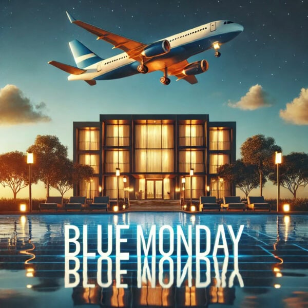 A modern building with large windows is illuminated at dusk, with an airplane flying overhead. In the foreground, there is a swimming pool reflecting the building and the words 'BLUE MONDAY' in large, glowing letters.