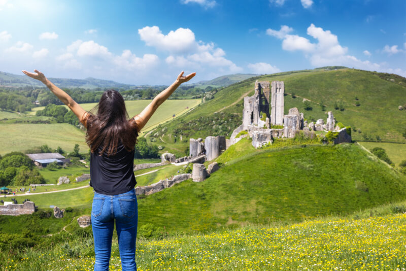 A person with long dark hair, wearing a black t-shirt, stands with arms raised in a field of yellow flowers. In the background, the ruins of a castle are perched on a hill, surrounded by green hills under a blue sky with scattered clouds.