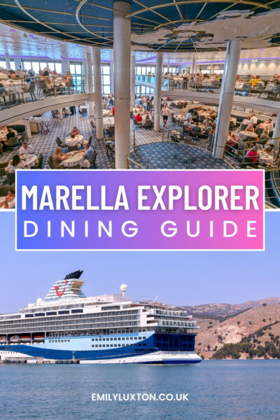 Marella Explorer Dining Guide written in white text on a purple box. There are two photos: the top one shows the interior of a dining area on a cruise ship, with multiple levels of seating and many people dining at tables. The bottom image shows the exterior of the Marella Explorer cruise ship docked in a harbor, with a mountainous landscape in the background.