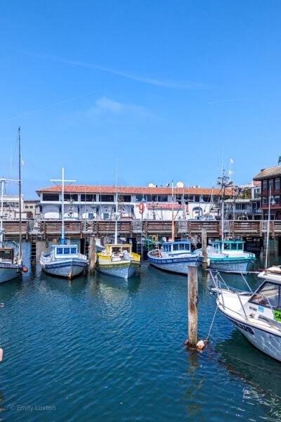 A marina with several colorful boats docked at a pier, a building labeled "Fishermen's Grotto," and a clear sky with wispy clouds.