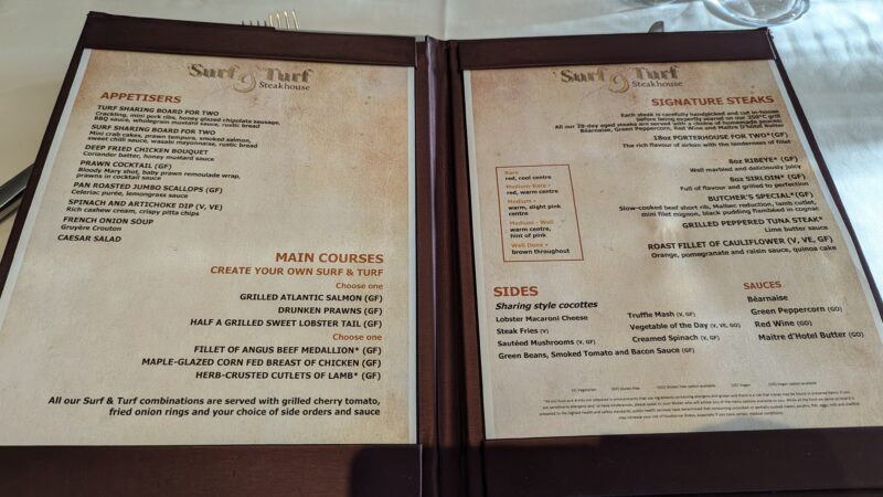 The image shows a menu from Surf & Turf Steakhouse. The menu is divided into several sections: Appetisers, Main Courses, Signature Steaks, Sides, and Sauces. Each section lists various dishes along with brief descriptions and some dietary information such as gluten-free (GF), vegetarian (V), and vegan (VE) options. The menu also includes a guide on steak doneness levels, ranging from Rare to Well Done.