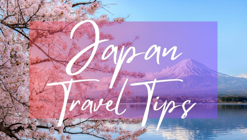 Japan Travel Tips: written in white text over a photo iof snowy Mt Fuji with cherry blossom in the foreground and clear blue sky.