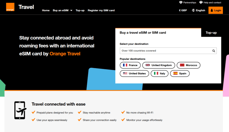 Screenshot of the Orange Travel website