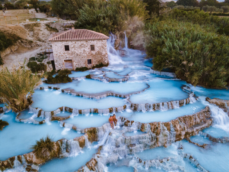 Aerial view of the waterfalls and hot springs at Saturnia thermal baths in Tuscany